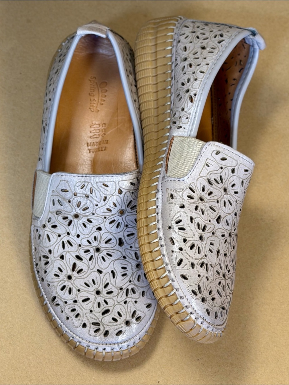 Spring Step Women's Perforated Slip-On Loafers in Light Beige and Tan - Picture 1 of 7